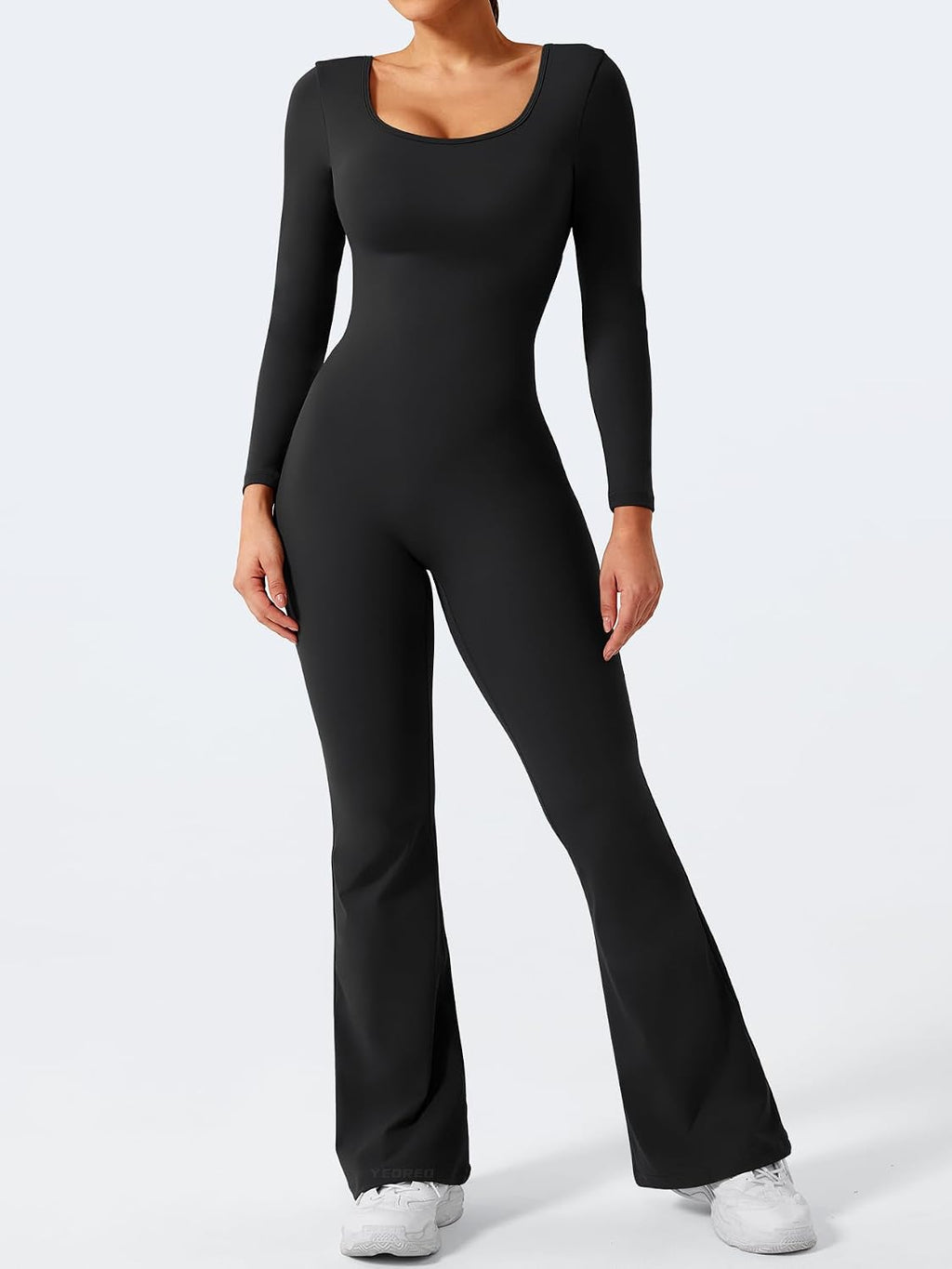 One Piece Wide Leg Jumpsuits for Women Workout Long Sleeve Backless Flare Jumpsuit Scrunch V Back Yoga Romper