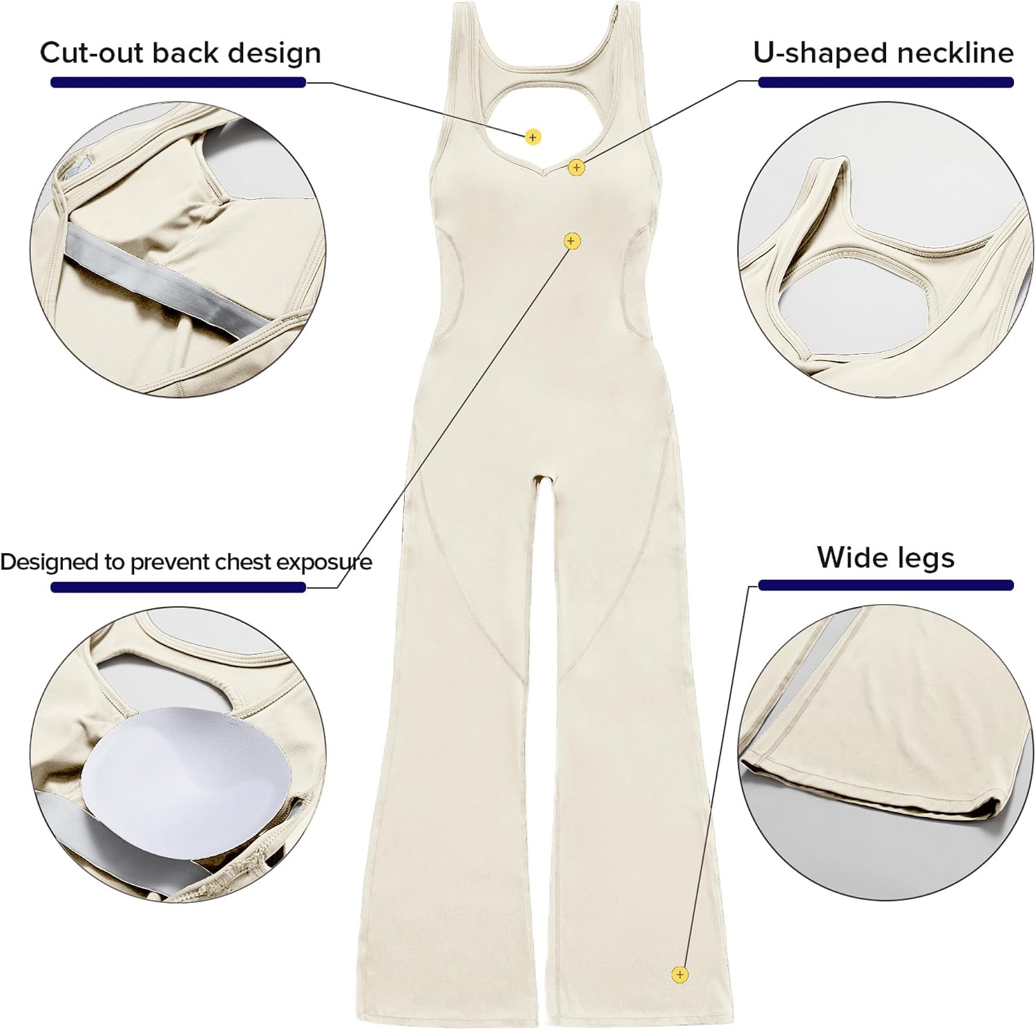 Women Flare Jumpsuit with Bra Tummy Control Cutout Romper Workout Outfit Sleeveless Unitard One Piece Backless Bodysuit