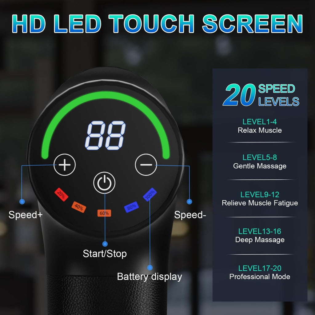 Massage Gun Deep Tissue,Portable Electric Muscle Massager,High Intensity Percussion Massager for Pain Relief with 20 Speeds & LED Screen,Black