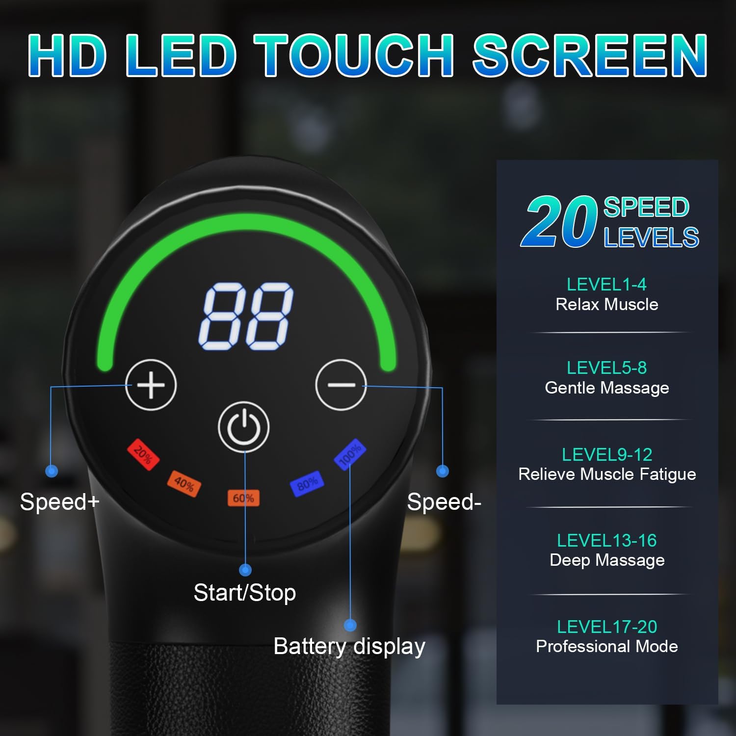 Massage Gun Deep Tissue,Portable Electric Muscle Massager,High Intensity Percussion Massager for Pain Relief with 20 Speeds & LED Screen,Black